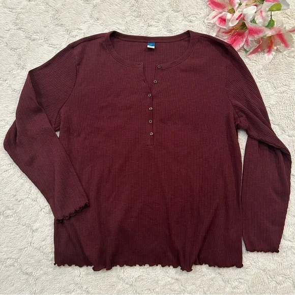 Old Navy - Maroon Ribbed Long Sleeve Long Sleeve 3/4 Sleeve Henley XXL - Picture 1 of 9